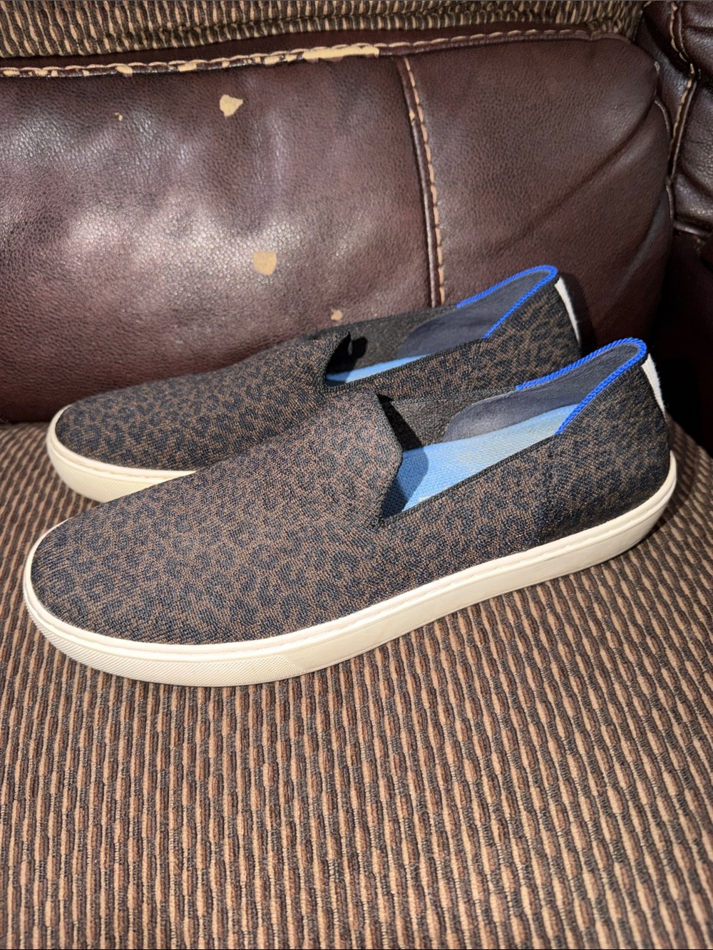 Rothy's Brown Leopard-Print Slip-On Sneakers with Blue Trim